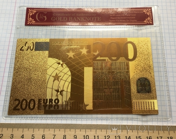 Gold-plated souvenir banknote 200 Euro in a security file
