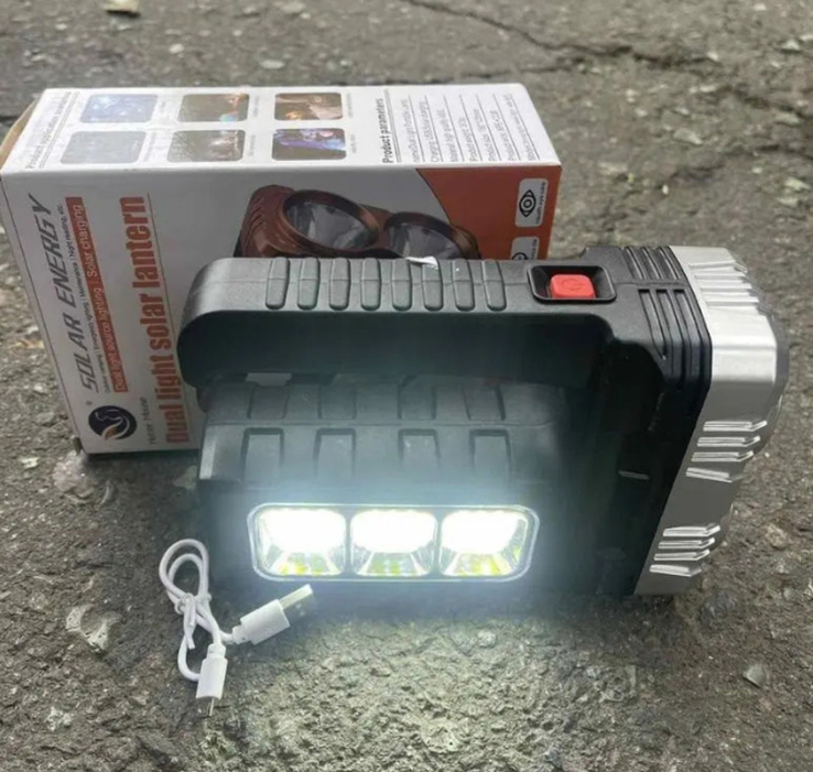 Світлодіодний ручний акумуляторний ліхтар із повербанком і сонячною панеллю, фото №2