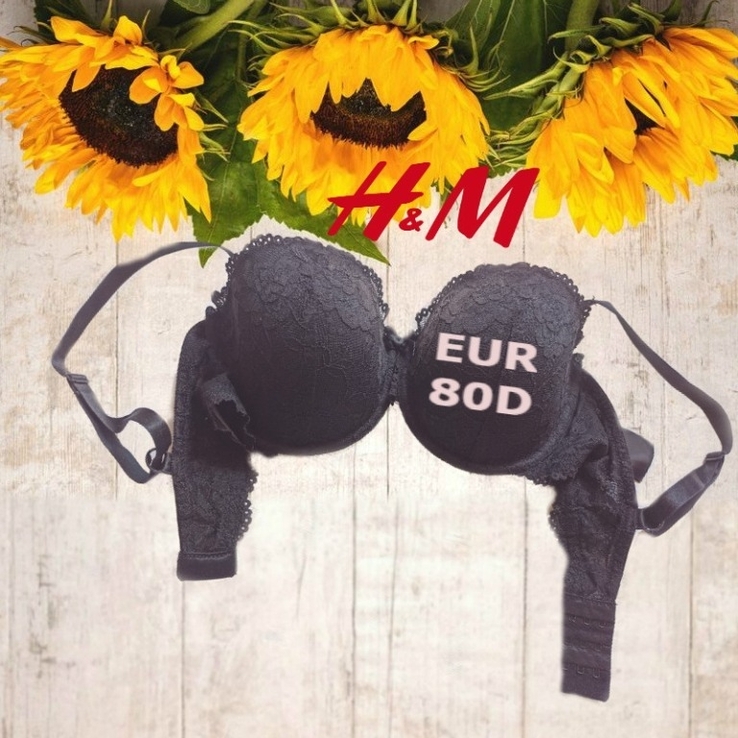 H&amp;M EUR 80D Бюстгальтер кружевной поролон косточка силикон черный, фото №2