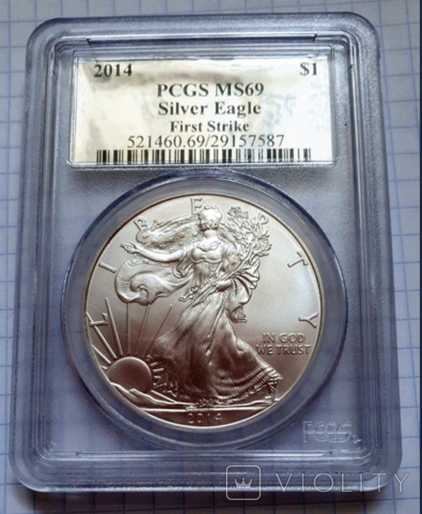 1 доллар США "Шагающая Свобода-Серебрянный орел", 2014 г, серебро слаб PCGS MS-69, фото №2