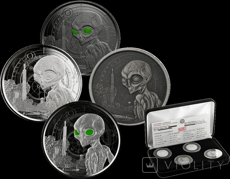 Тираж 1000 набор "Чужой" из 4 монет по 1/2 унции каждая / Гана 2021 alien серебро, фото №2