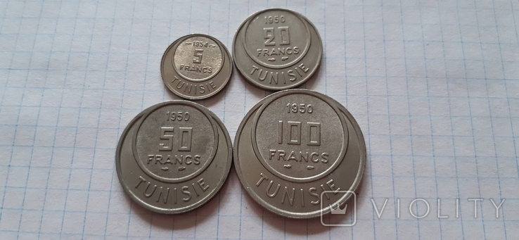 Туніс, 4 монети, франки, 1950, 1954 рік, мідно-нікелевий сплав, фото №6