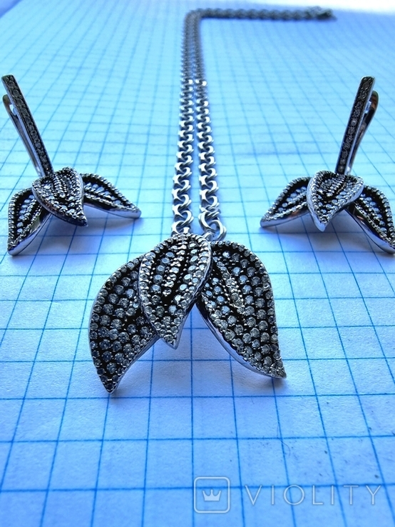 Срібний набір (ланцюжок, підвісок, сережки), фото №2