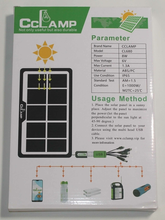 Портативна сонячна панель для заряджання гаджетів (6В, 8Вт) CL-680 (1636), фото №10