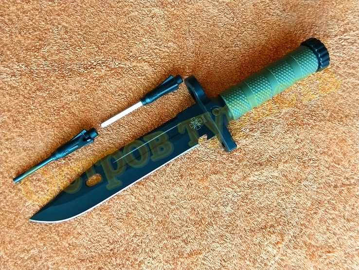 Нож тактический Columbia 2528B хаки пила огниво компас пластиковый чехол 32см, фото №4