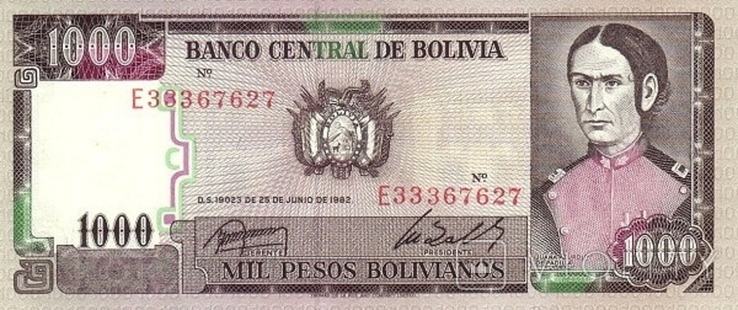 Болівія 1000 болівіано 1982 р, фото №2