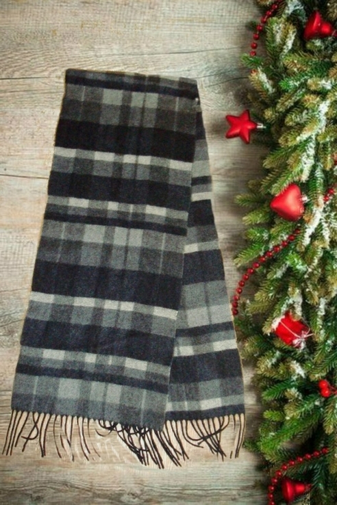 100% шерсть теплый мужской шарф черно серый с бахромой, фото №2