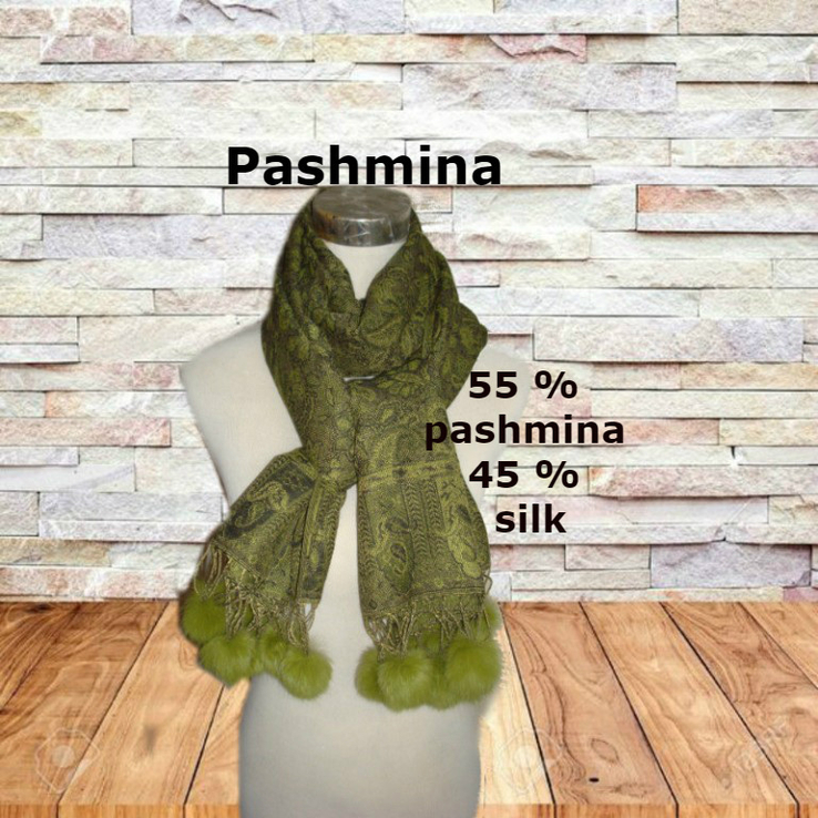 Pashmina пашмина шелк палантин двухсторонний с бахромой из кролика, фото №2