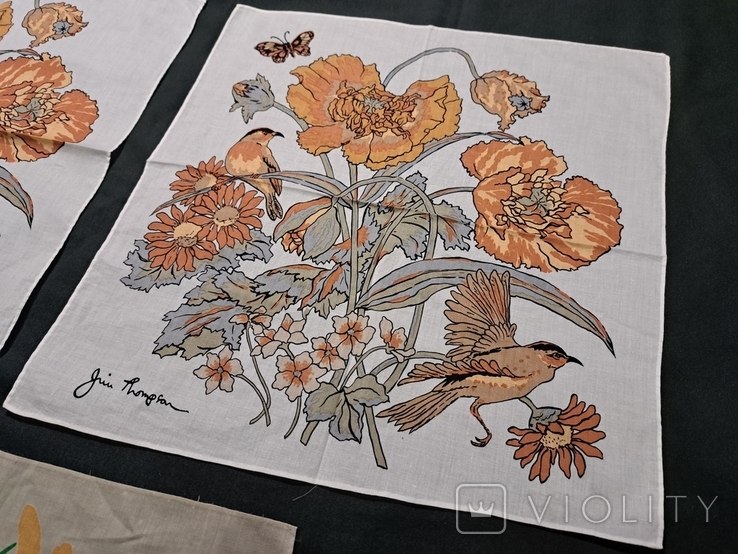 Винтаж платок подпиской Jim Thompson птица, цветы, 39/38 см, 3 шт., фото №8