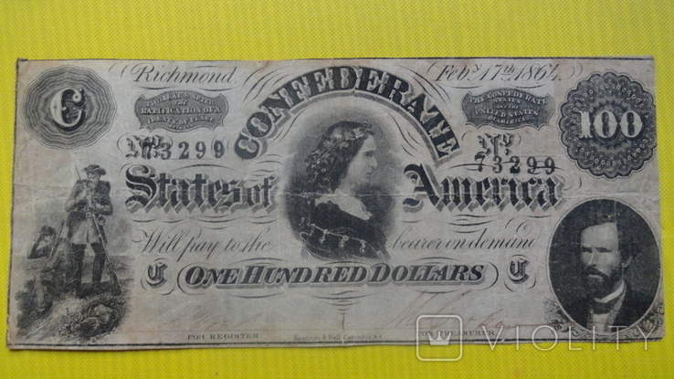 Конфедеративные Штаты Америки 100 долларов 1864 г. Ричмонд, фото №2