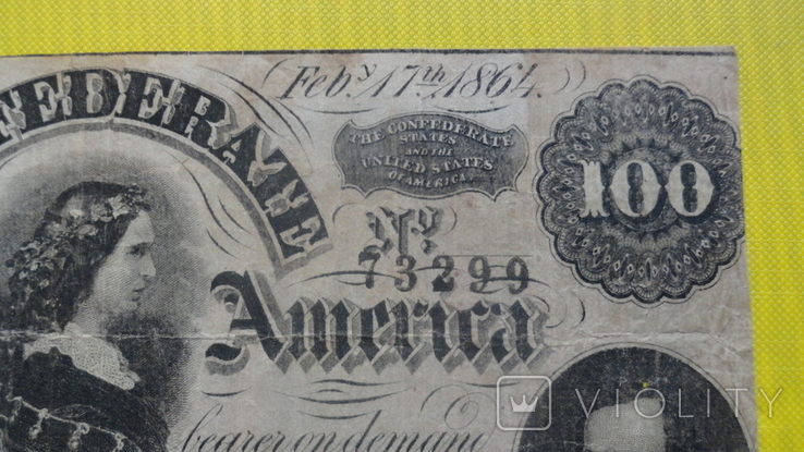 Конфедеративные Штаты Америки 100 долларов 1864 г. Ричмонд, фото №6