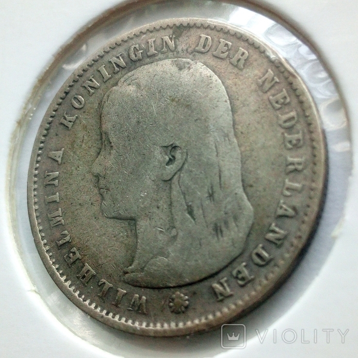 Нидерланды 25 центов 1894 г. Вильгельмина - Длинные волосы, фото №4