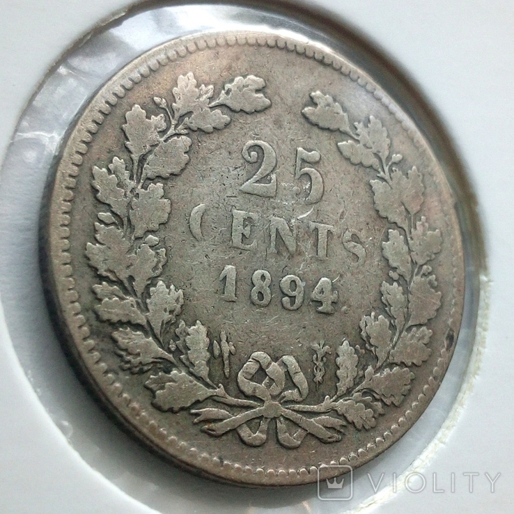 Нидерланды 25 центов 1894 г. Вильгельмина - Длинные волосы, фото №7