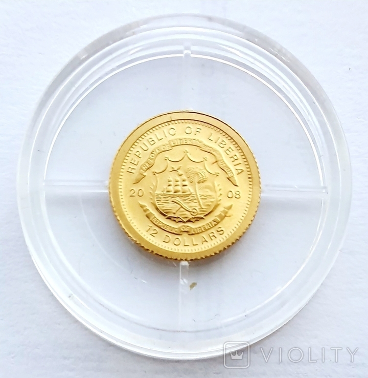 Золотая монета 12 долларов. 999 проба. Нидерланды. Либерия. 2008, фото №3