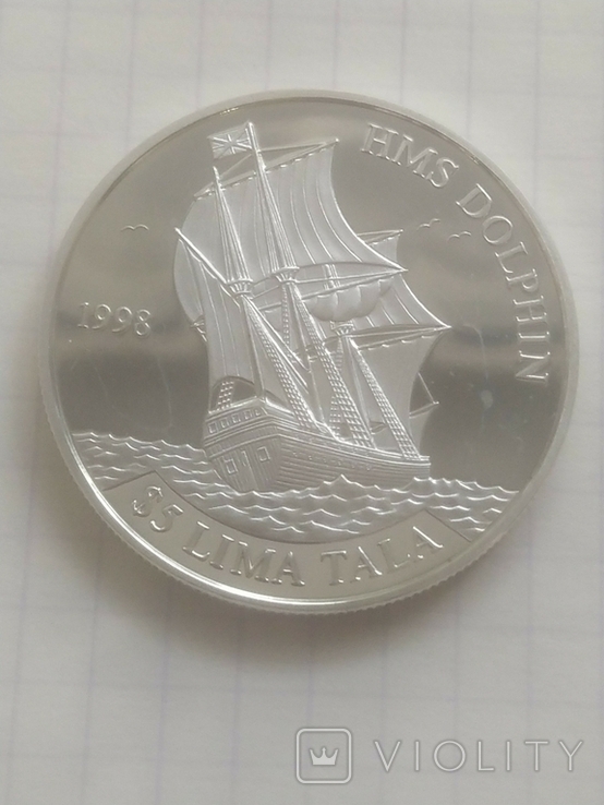 Токелау 5 долларов лима тала 1998 г серебро Корабль Парусник HMS Dolphin, фото №6