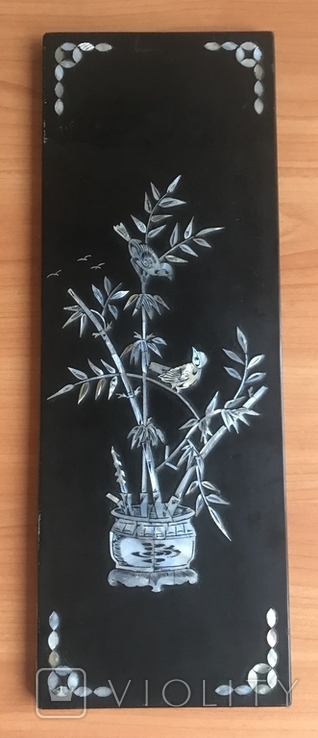 Картина чорно - лакова Пташки на гілочках. Дерево, перламутр, В'єтнам., фото №2