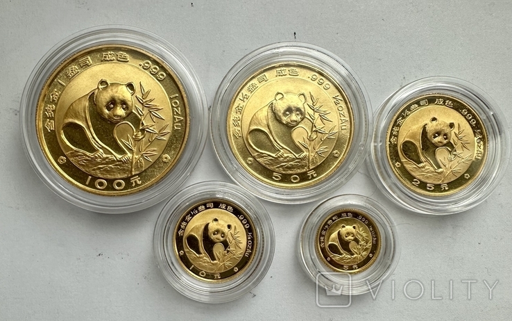 Набор из 5 монет 100;50;25;10;5 юаней 1988 год Китай, золото 59,09 грамм 999,9, фото №2