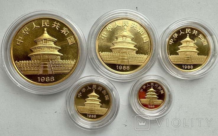Набор из 5 монет 100;50;25;10;5 юаней 1988 год Китай, золото 59,09 грамм 999,9, фото №3