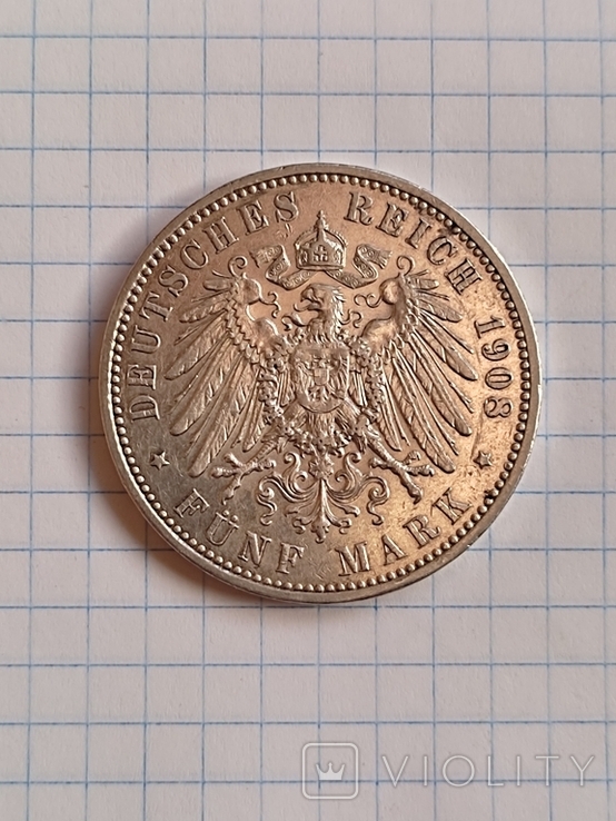 5 марок Саксонии 1908 г. Фридрих Август ІІІ., фото №3