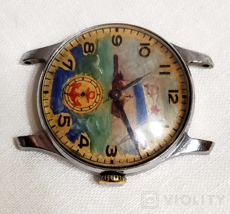 Watch Pobeda 2MChZ 1957 with a hand-drawn picture on the dial of the USSR, photo number 4