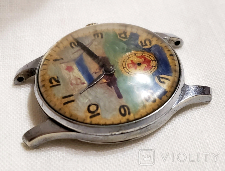 Watch Pobeda 2MChZ 1957 with a hand-drawn picture on the dial of the USSR, photo number 9