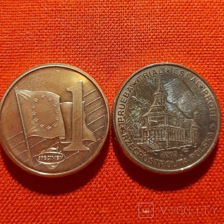Польша 1 евроцент 2003г.пробный из набора, фото №2