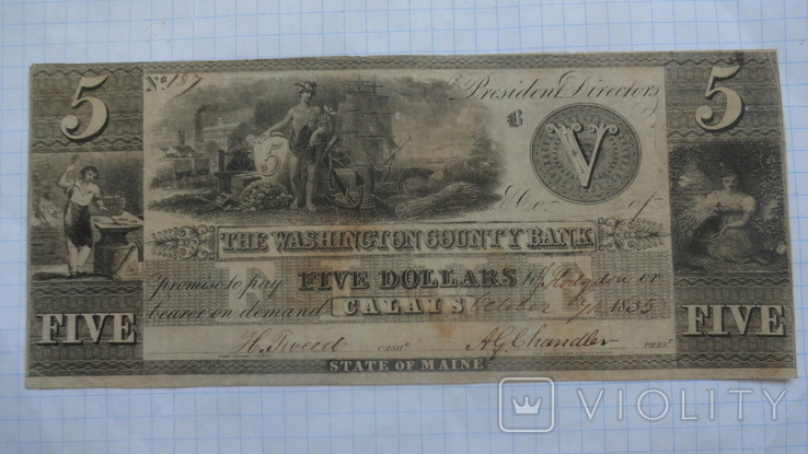 США 5 долларов 1835 г. 5 "WASHINGTON COUNTY BANK", фото №2