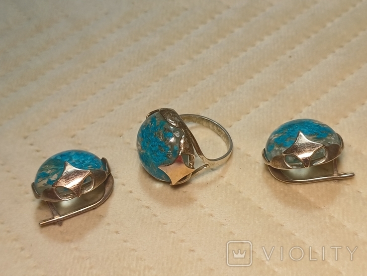 Набор серьги и кольцо серебро золото сухоцветы, фото №4