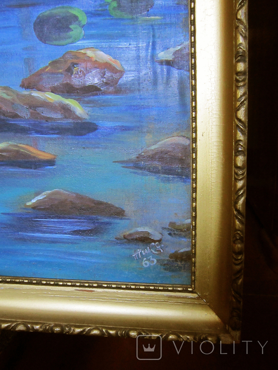Старая картина 1963 г. Лось у ручья (129х88 см.) Неизвестный художник. Подпись, фото №3