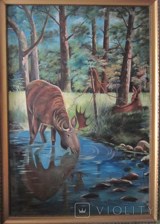 Старая картина 1963 г. Лось у ручья (129х88 см.) Неизвестный художник. Подпись, фото №5