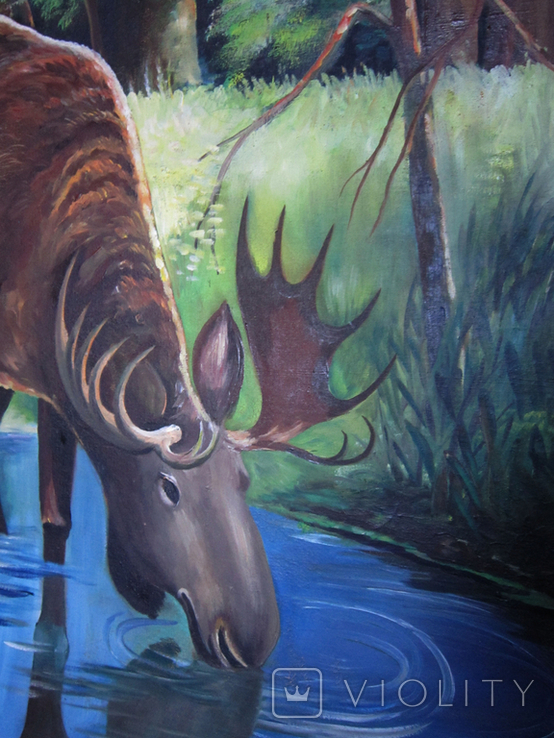 Старая картина 1963 г. Лось у ручья (129х88 см.) Неизвестный художник. Подпись, фото №6