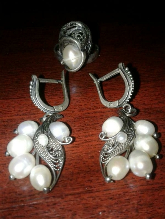 Набір сережки і перстень з перлами., фото №6