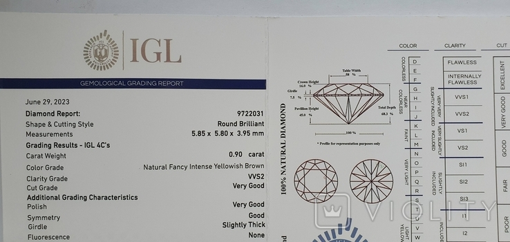 Природный коньячный бриллиант 0.9 карат с сертификатом, фото №7