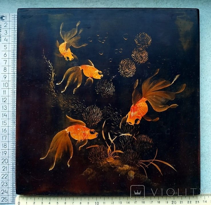 Картина Золоті рибки. Дошка чорно-лакова, дерево, ручний розпис, В'єтнам., фото №3