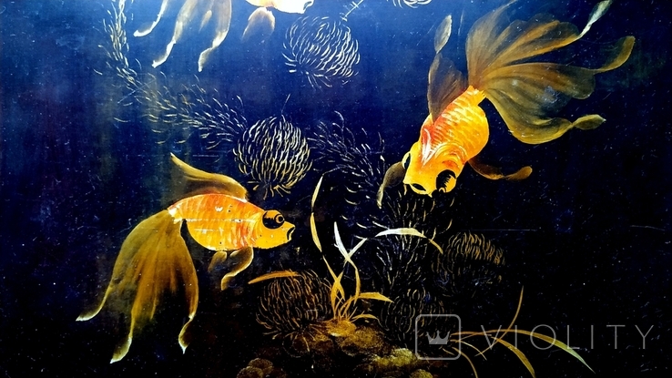 Картина Золоті рибки. Дошка чорно-лакова, дерево, ручний розпис, В'єтнам., фото №5