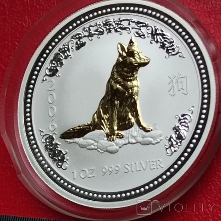  1 долар, Австралія 2006 . Рік Собаки / позолочений собака+, фото №3
