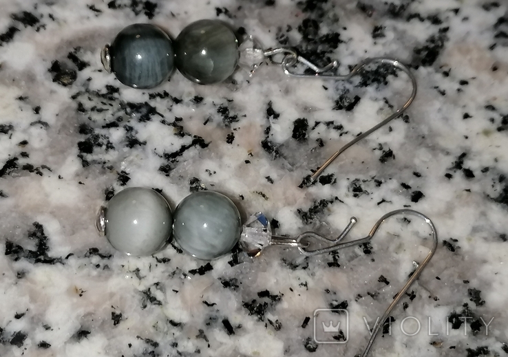Серьги серебро с натуральным кварцевым кошачьим глазом без клейма, фото №5