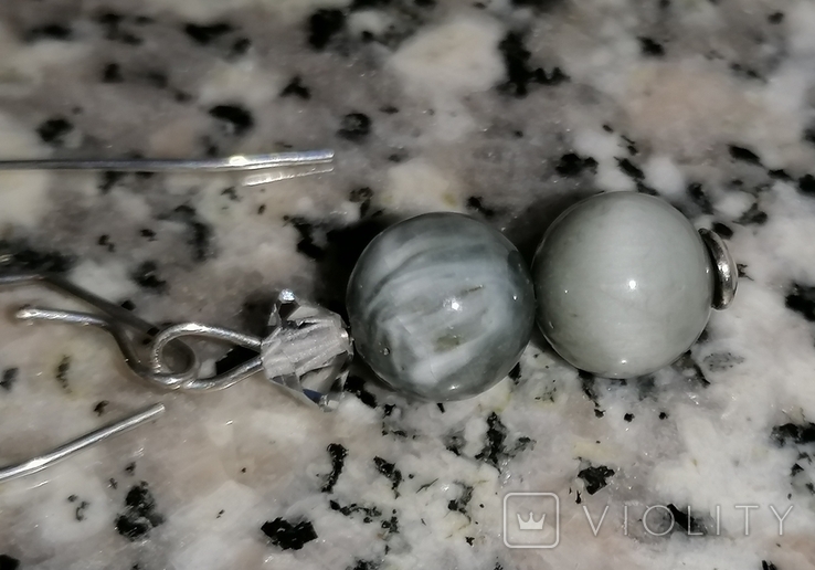 Серьги серебро с натуральным кварцевым кошачьим глазом без клейма, фото №10