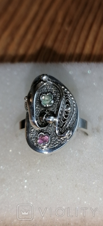 Кольцо скань серебро с турмалинами без клейма, фото №2