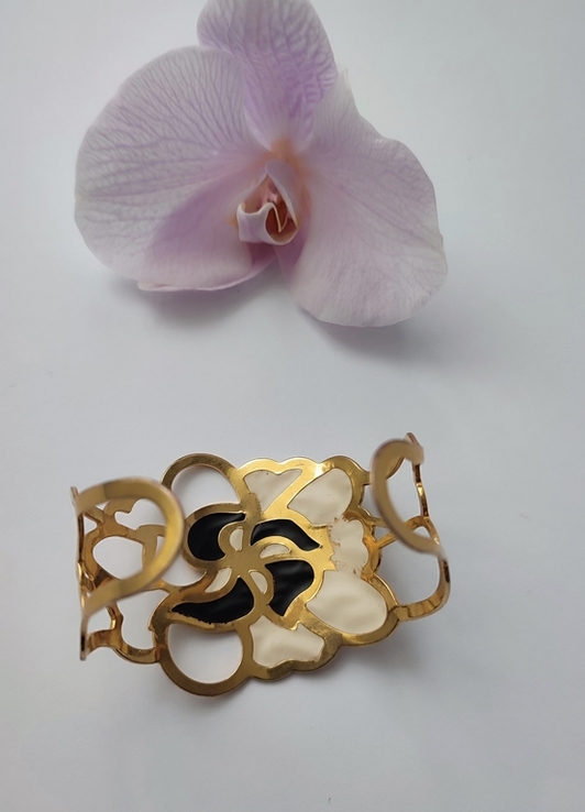 Вінтажний ажурний браслет-манжет із колекції Circles, з емалью і позолотою, фото №10