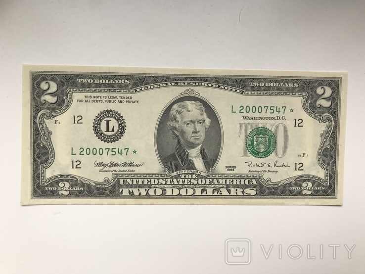 2 доллара США серия 1995 L миллениум замещения Сан Франциско unc лимитированный тираж, фото №2
