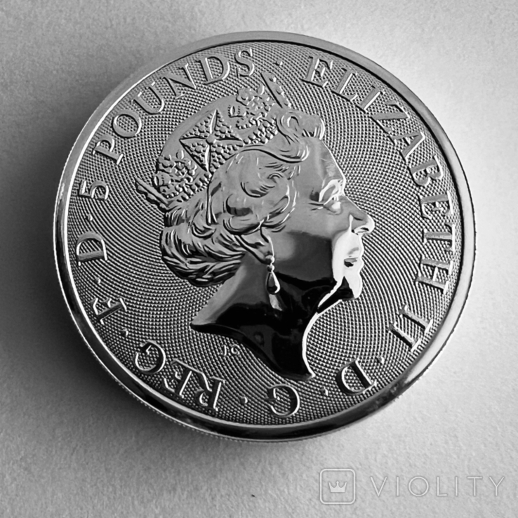 Великобритания 5 фунтов Единорог 2018 серебро 2 OZ(Звери Королевы), фото №6