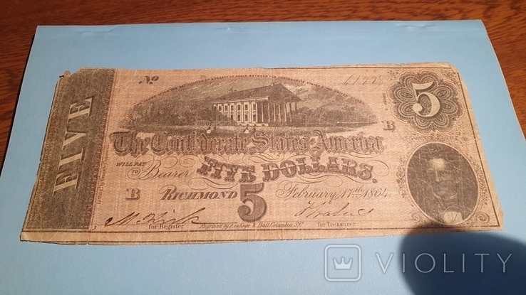 Конфедерати.1864.5 долларов., фото №3