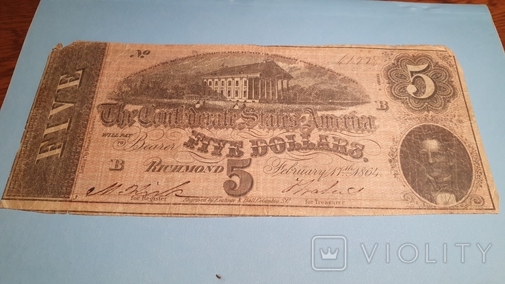 Конфедерати.1864.5 долларов., фото №2