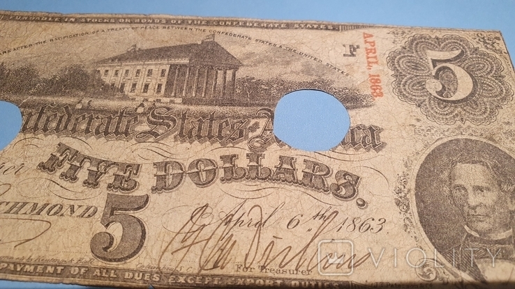 Конфедерати.1863.р.5 долларов., фото №3