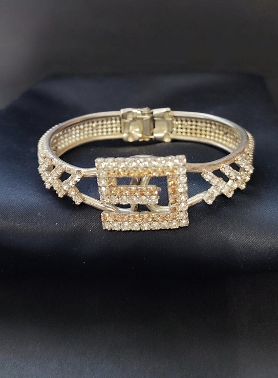 Серебристый винтажный браслет с символом G, кристаллы, Англия, фото №5
