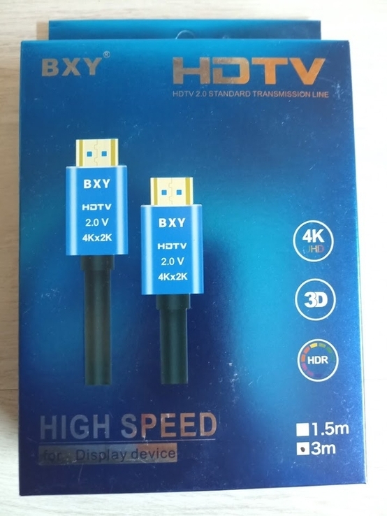 Кабель BXY HDTV 2.0V 4K*2K 3м HDMI 2.0 Черный с голубым, фото №3