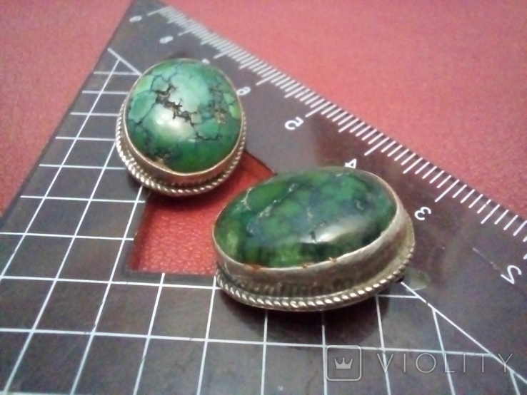 Серьги серебро старинные натуральный зелёный камень, фото №2