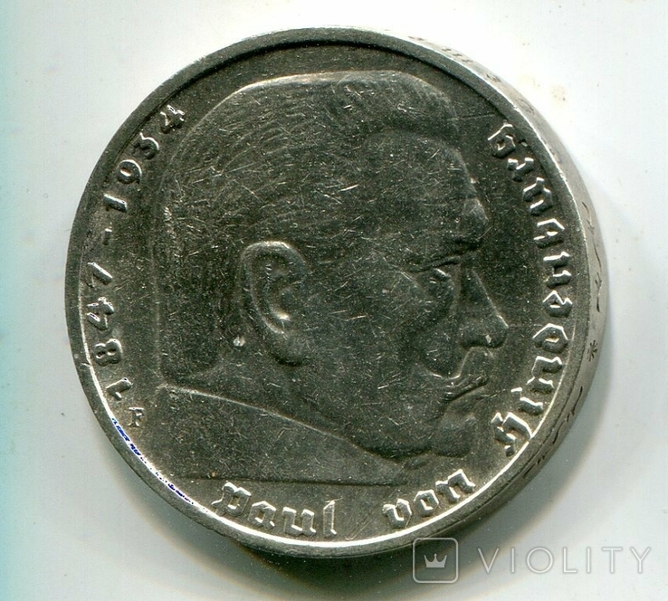 5 марок 1936 г. Серебро. Монетный двор F, фото №2