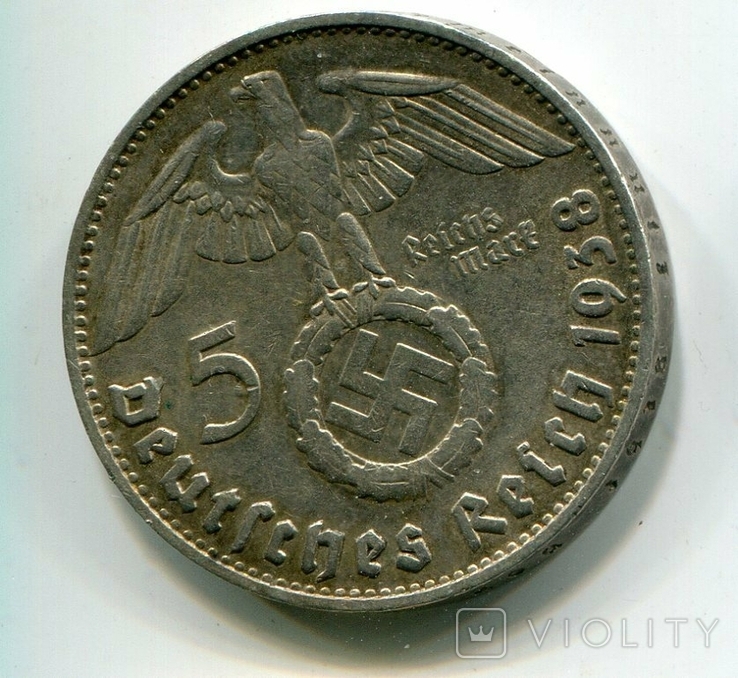 5 марок 1938 г. Серебро. Монетный двор D, фото №3